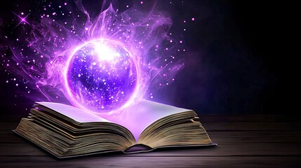 Glowing Purple Orb Above Antique Book on Dark Wood