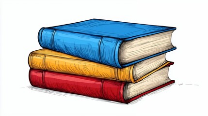 Hand Drawn Illustration of Stacked Vintage Books in Blue, Yellow, and Red