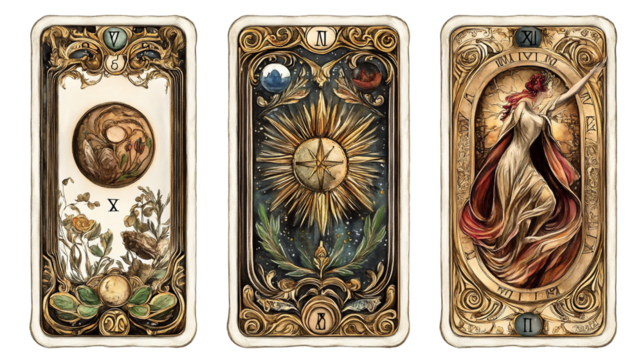 過去・現在・未来の繋がりを象徴するタロットカードの神秘的なデザイン generative ai