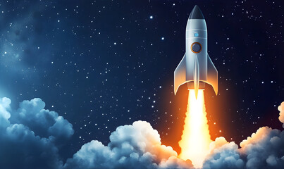 Spaceships take off. International Day of Human Space Flight. Banner with copy space. P