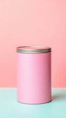 Minimalist Packaging Design Elegant pink canister against a soft pink background showcasing minimalist round tin can packaging design elements