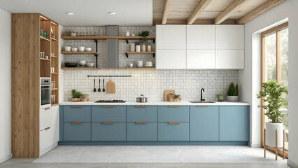 Fototapeta premium Stylish modern kitchen with blue cabinets, wooden accents, and white countertops.