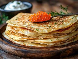 Delicious stack of Russian blini pancakes topped with vibrant red caviar and creamy sour butter celebrating the joy of festival carnival flavors.