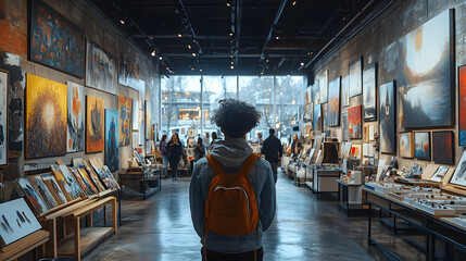 Awe in the Gallery: A person with a backpack stands inside an art gallery, captivated by the vibrant art. People stroll and view the artwork within.