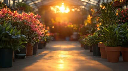 Fototapeta premium Vibrant greenhouse filled with blooming flowers and plants, illuminated by warm sunset light