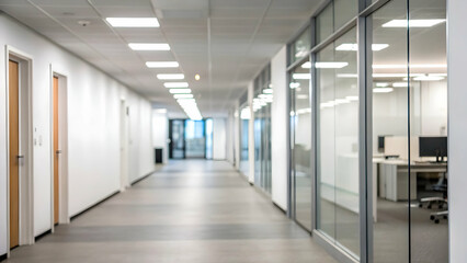 Fototapeta premium Modern office hallway with glass walls and bright lighting.