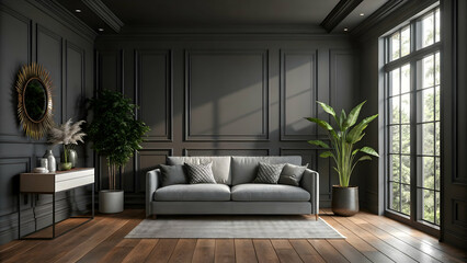 Dark gray living room interior design with elegant furniture and large window.