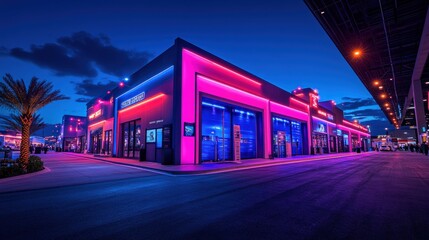 Obraz premium Vibrant night scene of illuminated commercial buildings with colorful neon lights and palm trees