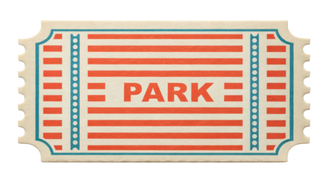 Striped theme park admission ticket featuring bold PARK text, evoking nostalgia and excitement for fun adventures