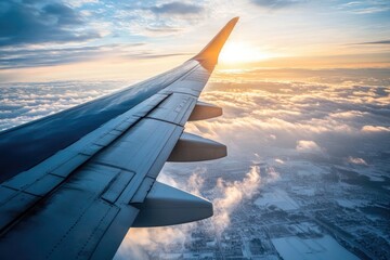 Obraz premium Airplane Wing Soaring Above Winter Landscapes at Sunrise