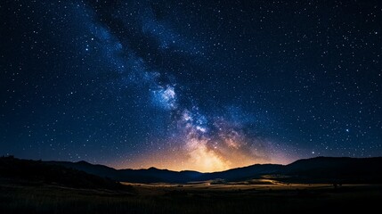 Majestic Night Sky over Serene Mountain Landscape: A Breathtaking Milky Way Panorama