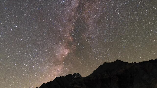 4K Time lapse shot of Milkyway galaxy above Himalayan mountains as seen from Keylong in Lahaul and Spiti district, Himachal Pradesh, India. Milkyway at night during clear sky.