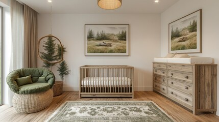 Modern nursery, calm decor, wood furniture, nature prints, baby crib