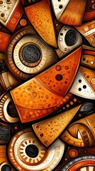 Fototapeta premium Abstract mosaic pattern with geometric shapes and various textures in warm orange and brown tones. Artistic digitally rendered