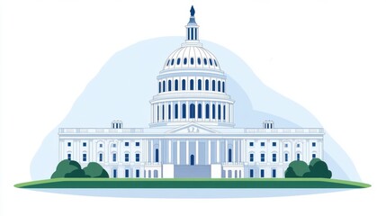 Fototapeta premium Classic Capitol Building Illustration with Dome and Green Lawn in a Minimalist Style
