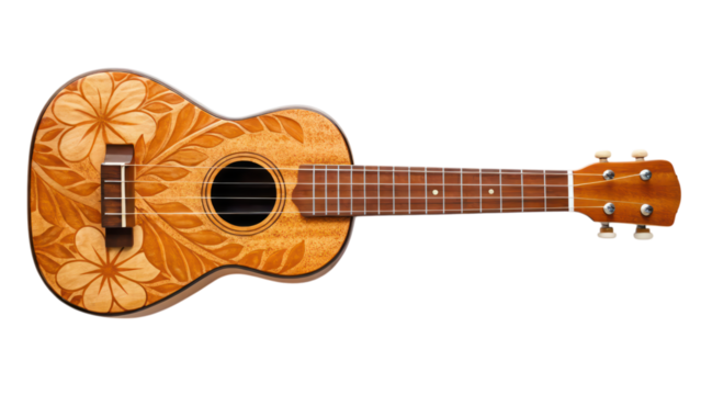 traditional Hawaiian ukulele with floral engravings, showcasing intricate craftsmanship and natural wood tones
