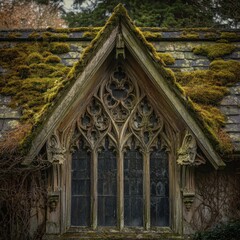 Ornate window detailed with intricate gothic trim and a moss-covered roof