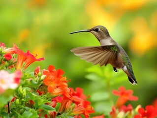 Fototapeta premium Hummingbird flight, nectar seeking among vibrant orange trumpet flowers