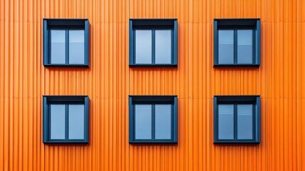 Symmetrical Composition of a Modern Building Facade Featuring Vibrant Orange Wall and Prominent Rectangular Windows