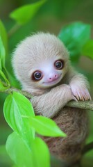 Obraz premium Close up of a baby sloth clinging to a branch surrounded by green leaves. The animal has a light brown fur a small nose and big eyes