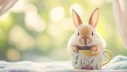 Adorable bunny in teacup with floral design near window with sunlight and soft focus background