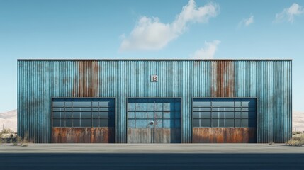 Obraz premium Industrial Facility Exterior with Textured Blue Metal and Rustic Elements Captured in Bright Daylight