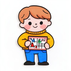 Fototapeta premium Cute Cartoon Boy Holding Bar Graph and Line Graph in Bright Yellow Sweater on White Background