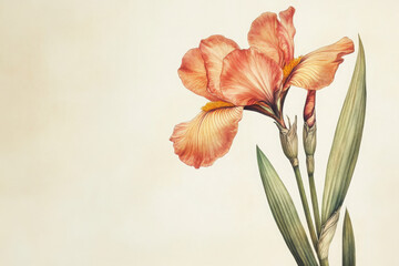 Obraz premium Beautiful orange iris flower with green leaves against a soft, light background, showcasing its vibrant petals.