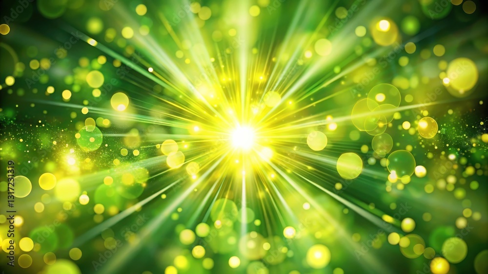 Poster Abstract Green and Yellow Bokeh Background with Radiant Light Streaks and Sparkling Dust
