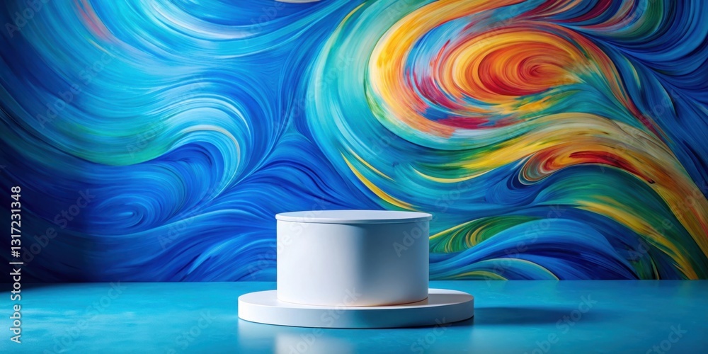 Aufkleber a white cylindrical pedestal on a turquoise surface against a backdrop of abstract colorful swirls.