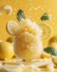 Refreshing Lemon Granita with Water Splashes and Yellow Background