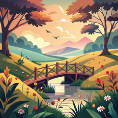 Whimsical nature artwork of a rural valley with mountain views