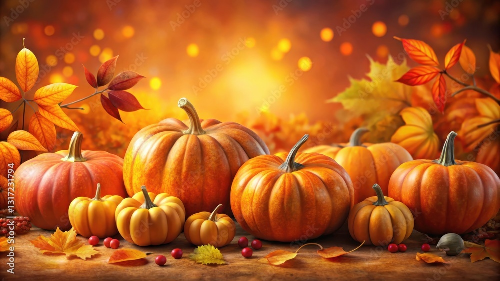 Poster a collection of pumpkins surrounded by autumn leaves on a rustic wooden surface with a warm bokeh ba