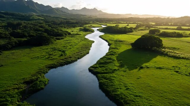 aerial view green pasture with winding river 4k drone footage