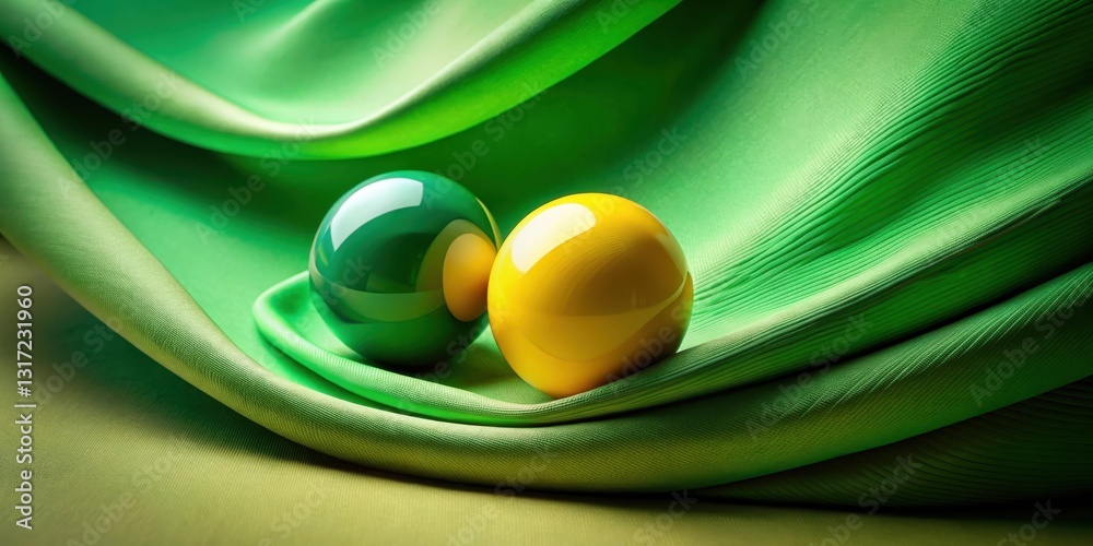 Poster abstract photography a vivid green fabric draped over two shiny spheres, one yellow and one green, c