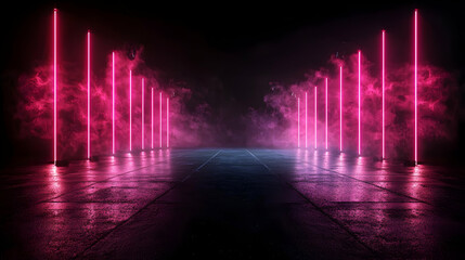 Vibrant Pink And Blue Neon Glowing Lines Illuminating A Dark Futuristic Reflective Floor With A Smoky Atmospheric Background