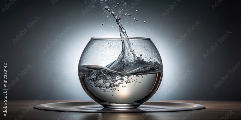 Leinwandbilder A dramatic splash of water inside a round glass container creating a visual burst of movement and energy on a subtle wooden surface
