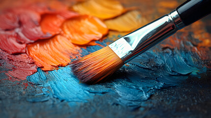 Fototapeta premium Palette of Inspiration: A vibrant artist's palette bursts with colorful paint strokes, alongside a paintbrush. The photo captures the essence of creativity. 