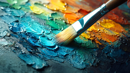 Fototapeta premium Brushstrokes of Color: Close-up of a paintbrush on a palette with vibrant oil paints, depicting the essence of artistic creation.