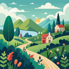 Fototapeta premium Stunning digital illustration of a countryside valley at sunrise