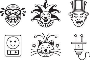 A set of April fool's day editable stroke line art icons and outline vector illustration. Funny linear isolated on a white background.