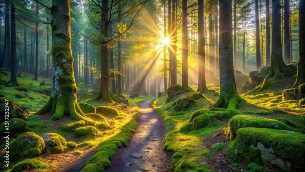 Poster a winding path through a mossy forest illuminated by golden sunlight, creating a magical and etherea