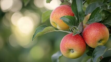 Obraz premium Apples Three ripe apples, red and yellow, grow on a leafy branch