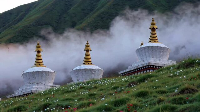 Clouds rolling over white tibetan chorten on a green hill
