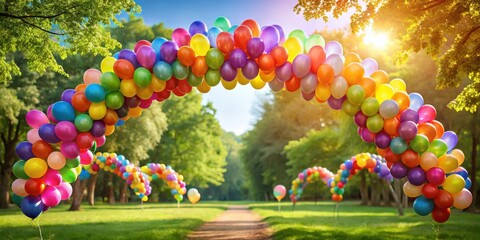 A vibrant rainbow balloon archway creates a festive entrance to a lush green park, where sunlight filters through the leaves and illuminates the path ahead.
