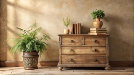 A vintage wooden dresser with ornate details, adorned with potted plants and a stack of books, bathed in soft natural light