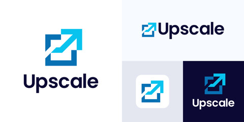 Upscale logo design for AI Image upscale the resolution and size digital image maintaining or enhancing quality, algorithms to add pixels and detail image, Logo arrow with transform square horizontal.