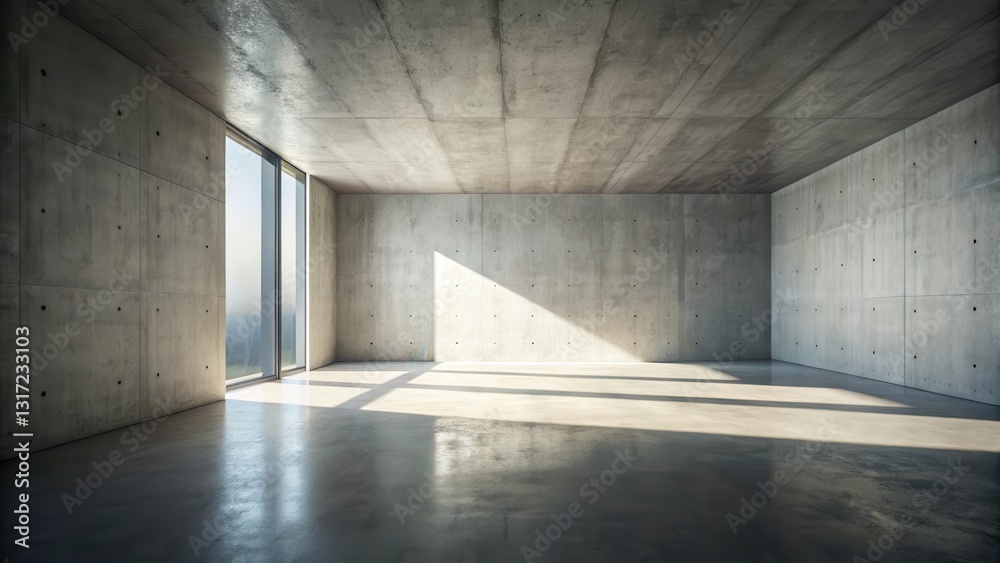 Poster a minimalistic concrete room with a large window allowing natural light to stream in, casting long s