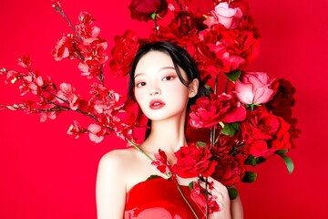 Fototapeta premium Valentine's day greeting from woman or for woman. Remarkable dazzling, image of gorgeous loving asian adolescent girl - commercial marketing creative design. Heartwarming love.