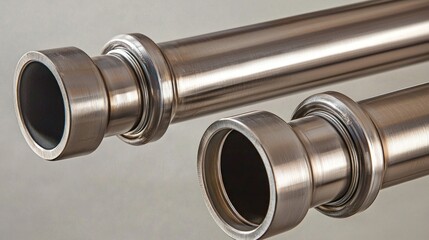 Fototapeta premium Two metal pipes with flared ends, one slightly larger, against a neutral background